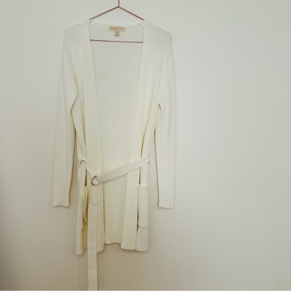 Michael Kors White Open Front Long Sleeve Ribbed Belted Front Pockets Cardigan - Picture 7 of 12